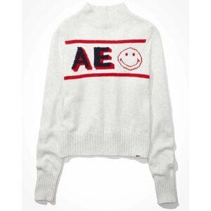 NWT American Eagle Outfitters Gray Smiley Graphic Mock Neck Sweater Medium M